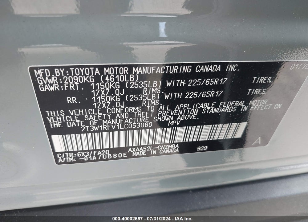 2020 TOYOTA RAV4 VIN: 2T3W1RFV1LC053080
