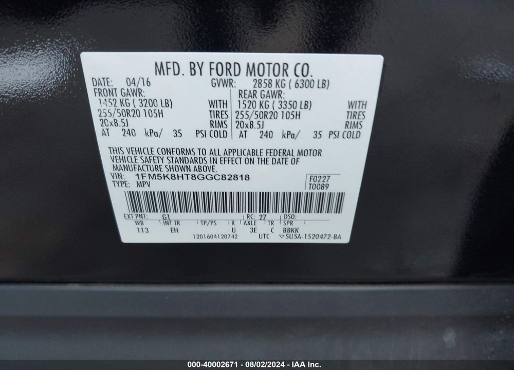 2016 FORD EXPLORER PLATINUM VIN: 1FM5K8HT8GGC82818