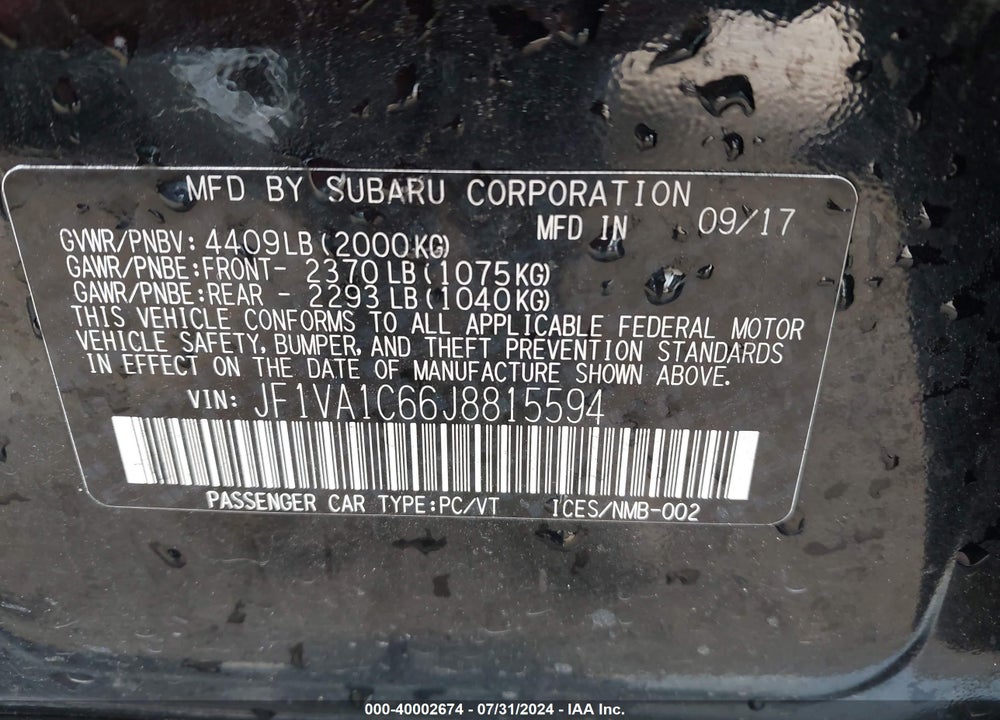 2018 SUBARU WRX PREMIUM VIN: JF1VA1C66J8815594