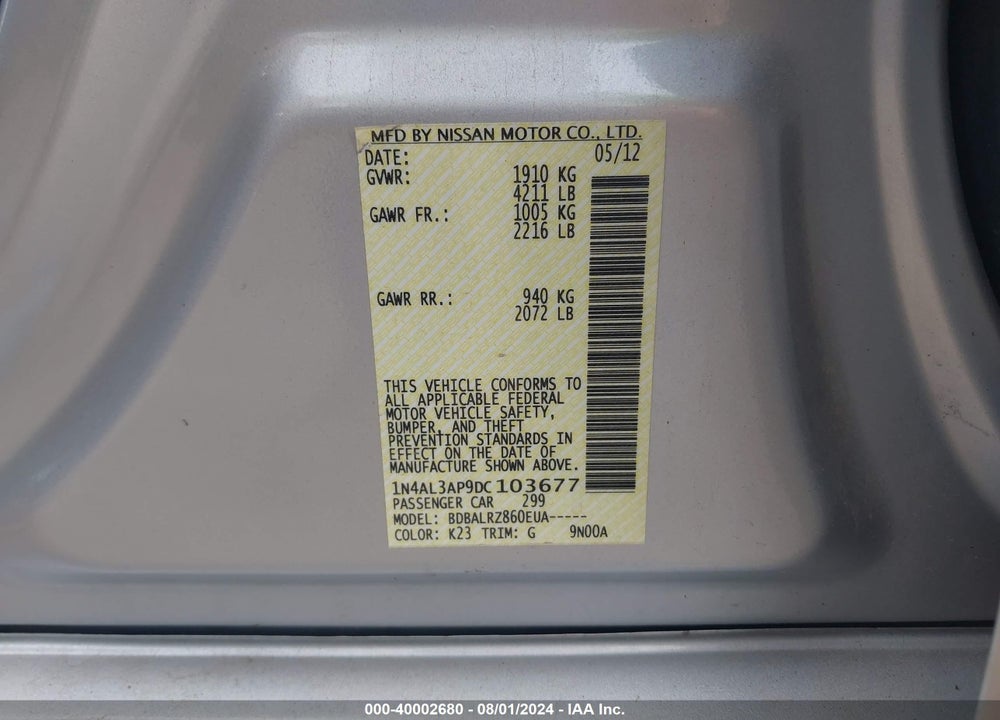 2013 NISSAN ALTIMA 2.5 S VIN: 1N4AL3AP9DC103677
