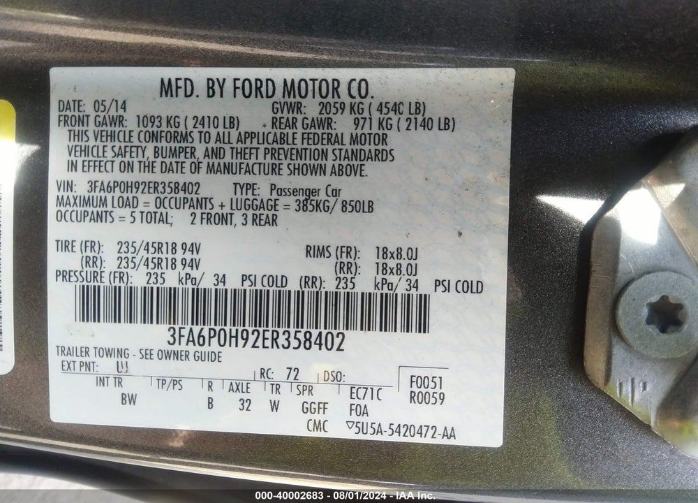 2014 FORD FUSION SE VIN: 3FA6P0H92ER358402