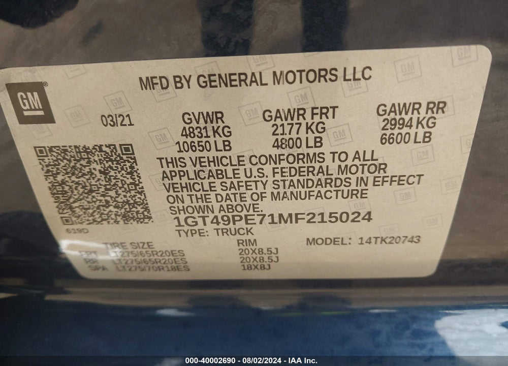 2021 GMC SIERRA 2500HD 4WD STANDARD BED AT4 VIN: 1GT49PE71MF215024