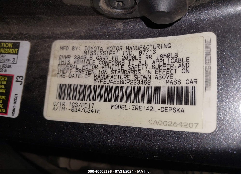 2013 TOYOTA COROLLA S VIN: 5YFBU4EE8DP223469