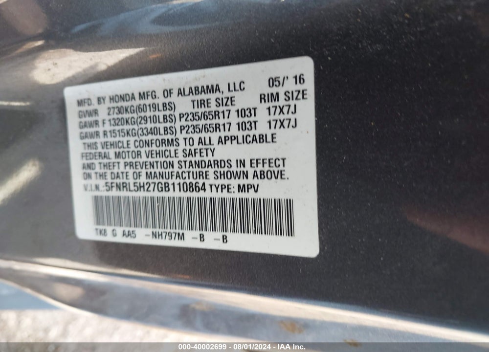 2016 HONDA ODYSSEY LX VIN: 5FNRL5H27GB110864