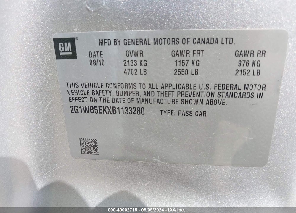 2011 CHEVROLET IMPALA LT VIN: 2G1WB5EKXB1133280