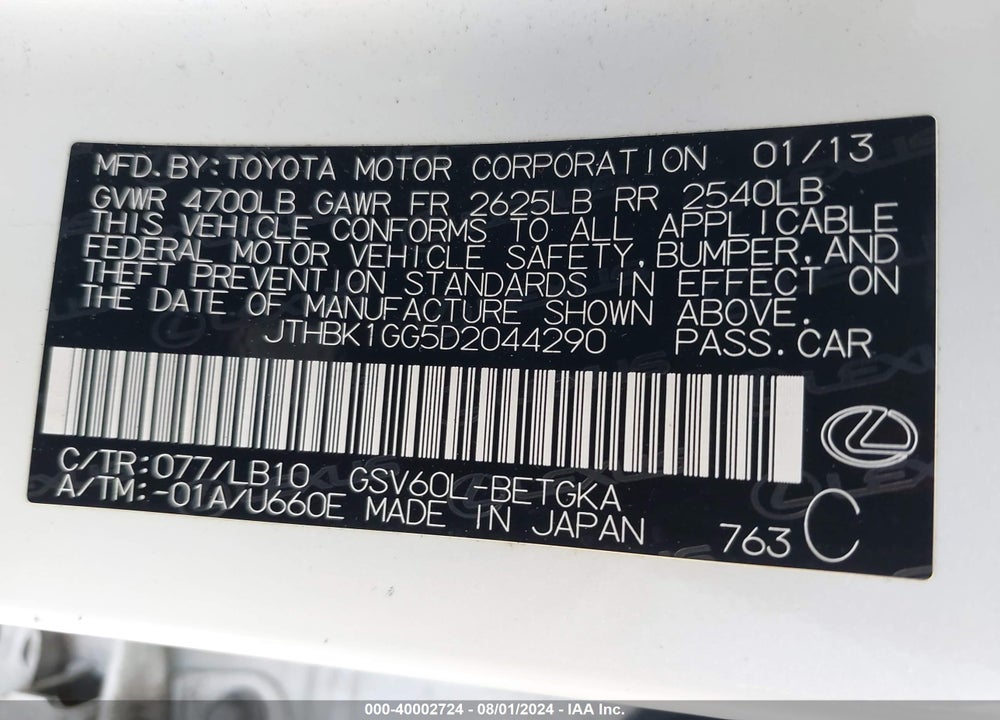2013 LEXUS ES 350 VIN: JTHBK1GG5D2044290