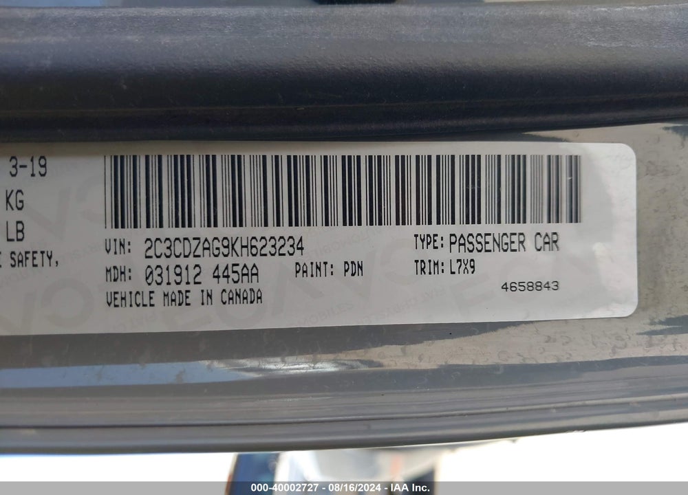 2019 DODGE CHALLENGER SXT VIN: 2C3CDZAG9KH623234