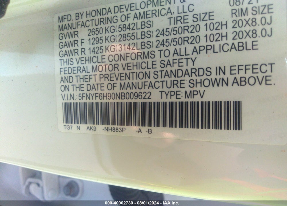 2022 HONDA PILOT AWD TOURING 8 PASSENGER VIN: 5FNYF6H90NB009622