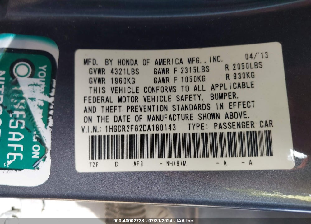 2013 HONDA ACCORD EX-L VIN: 1HGCR2F82DA180143