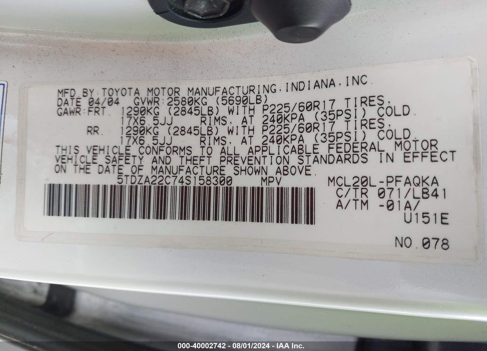 2004 TOYOTA SIENNA XLE LIMITED VIN: 5TDZA22C74S158300