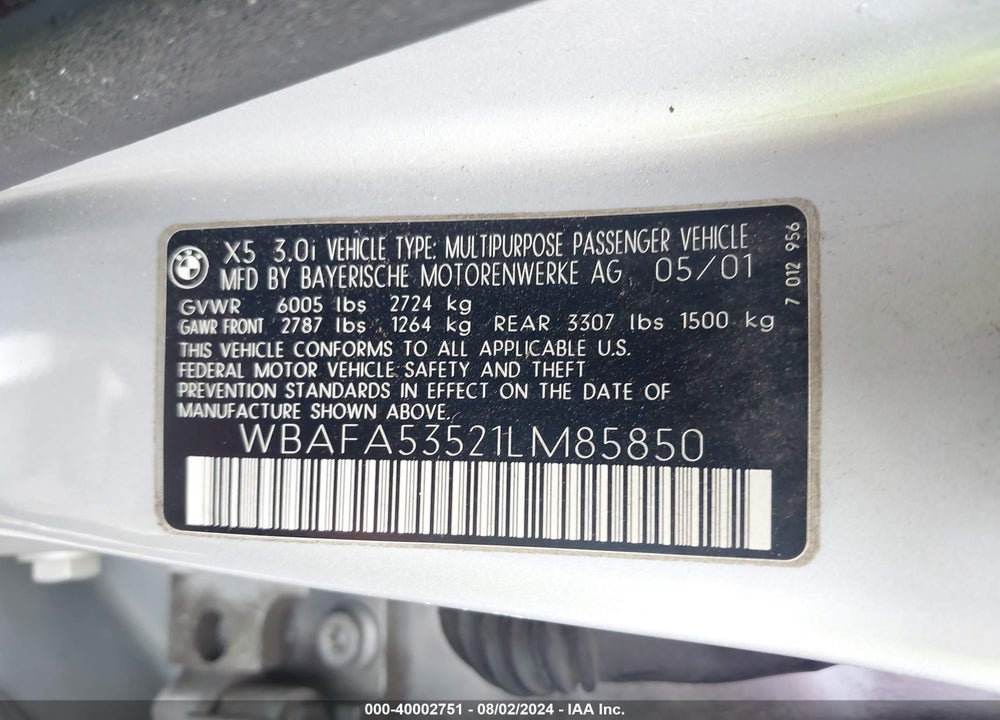 2001 BMW X5 3.0 VIN: WBAFA53521LM85850