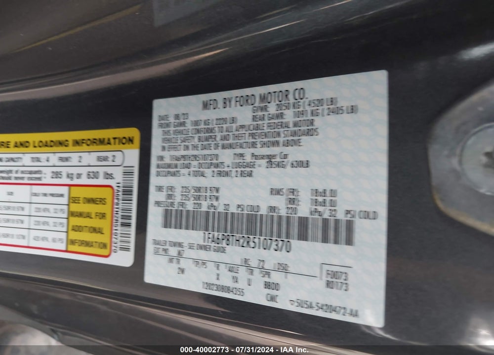 2024 FORD MUSTANG ECOBOOST FASTBACK VIN: 1FA6P8TH2R5107370