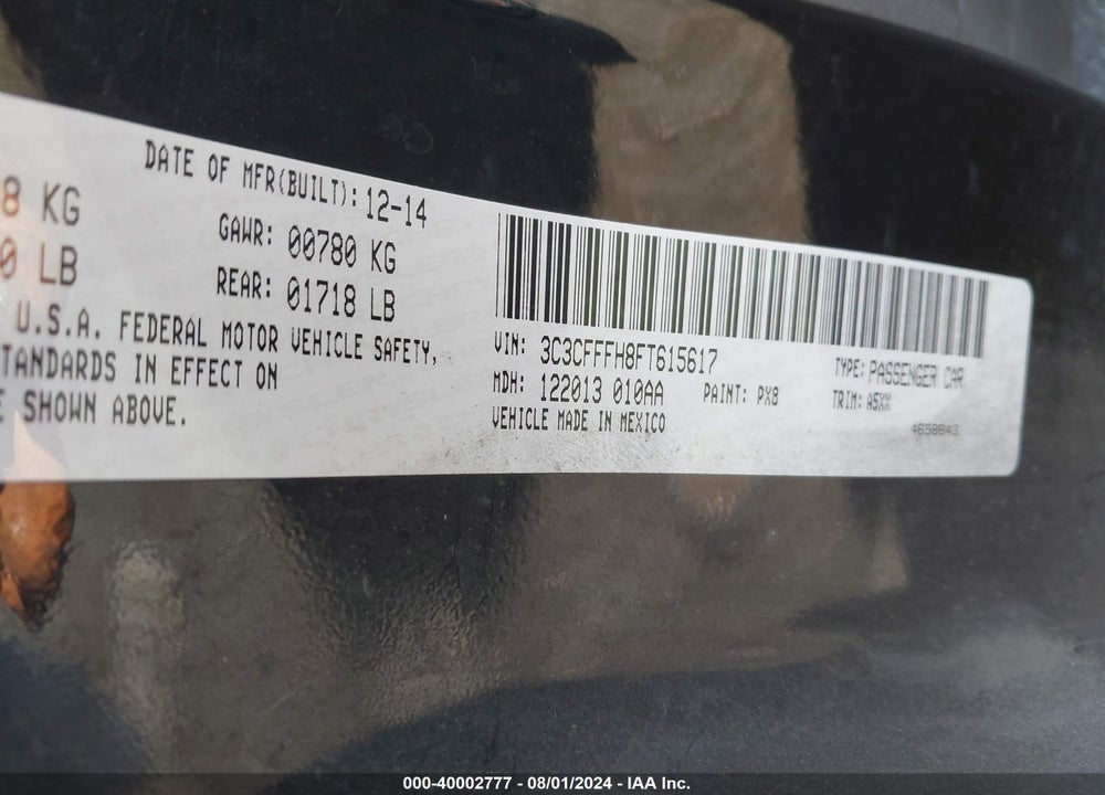 2015 FIAT 500 ABARTH VIN: 3C3CFFFH8FT615617