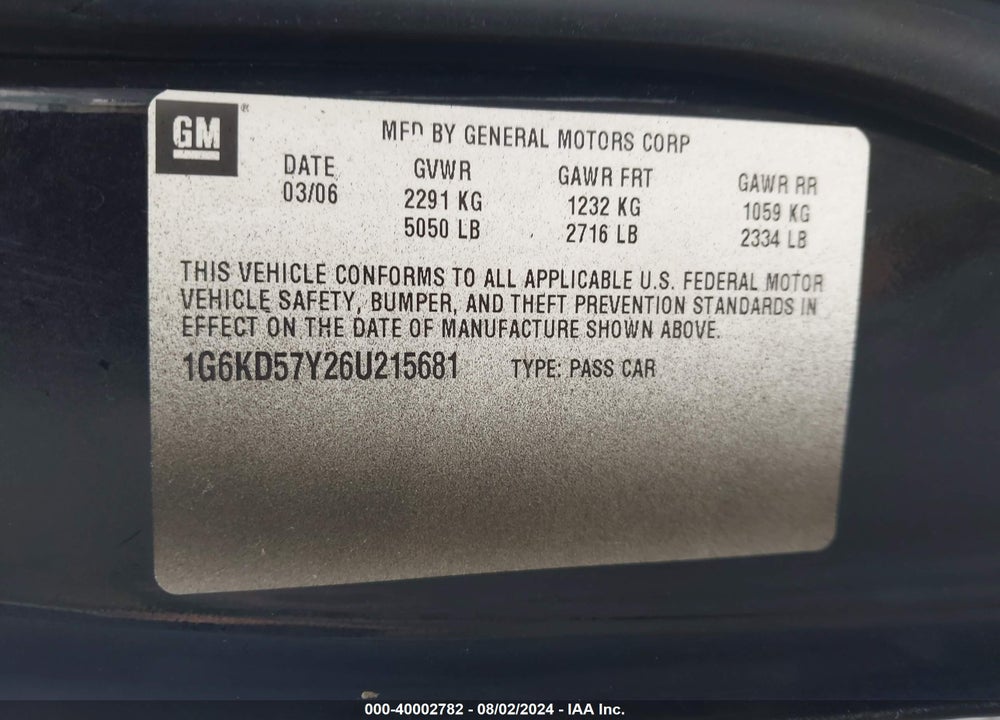 2006 CADILLAC DTS STANDARD VIN: 1G6KD57Y26U215681