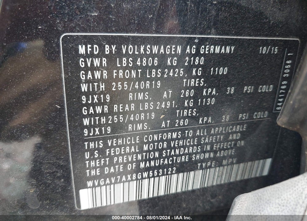 2016 VOLKSWAGEN TIGUAN SEL VIN: WVGAV7AX8GW553122