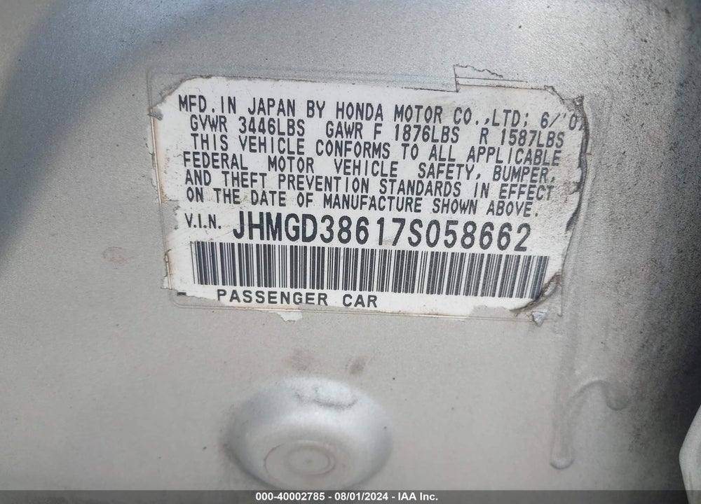 2007 HONDA FIT SPORT VIN: JHMGD38617S058662