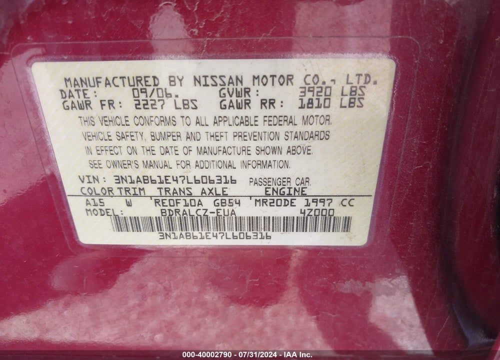 2007 NISSAN SENTRA 2.0 VIN: 3N1AB61E47L606316
