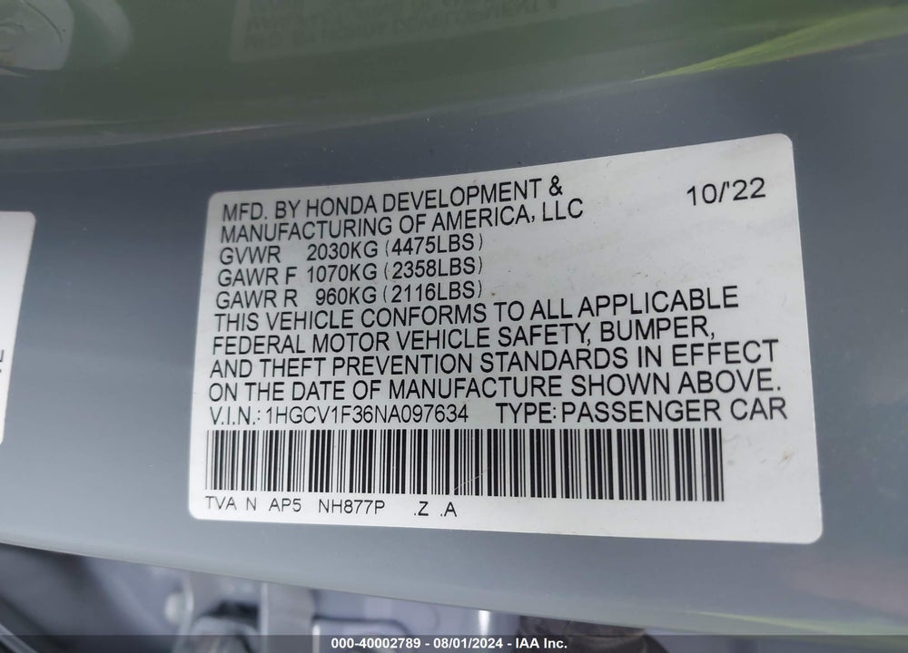 2022 HONDA ACCORD SPORT VIN: 1HGCV1F36NA097634