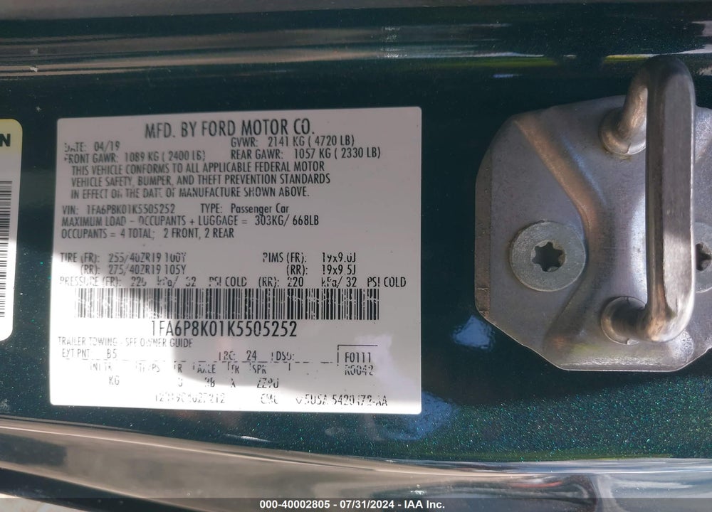 2019 FORD MUSTANG BULLITT VIN: 1FA6P8K01K5505252