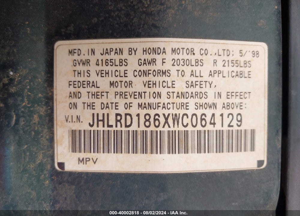 1998 HONDA CR-V EX VIN: JHLRD186XWC064129