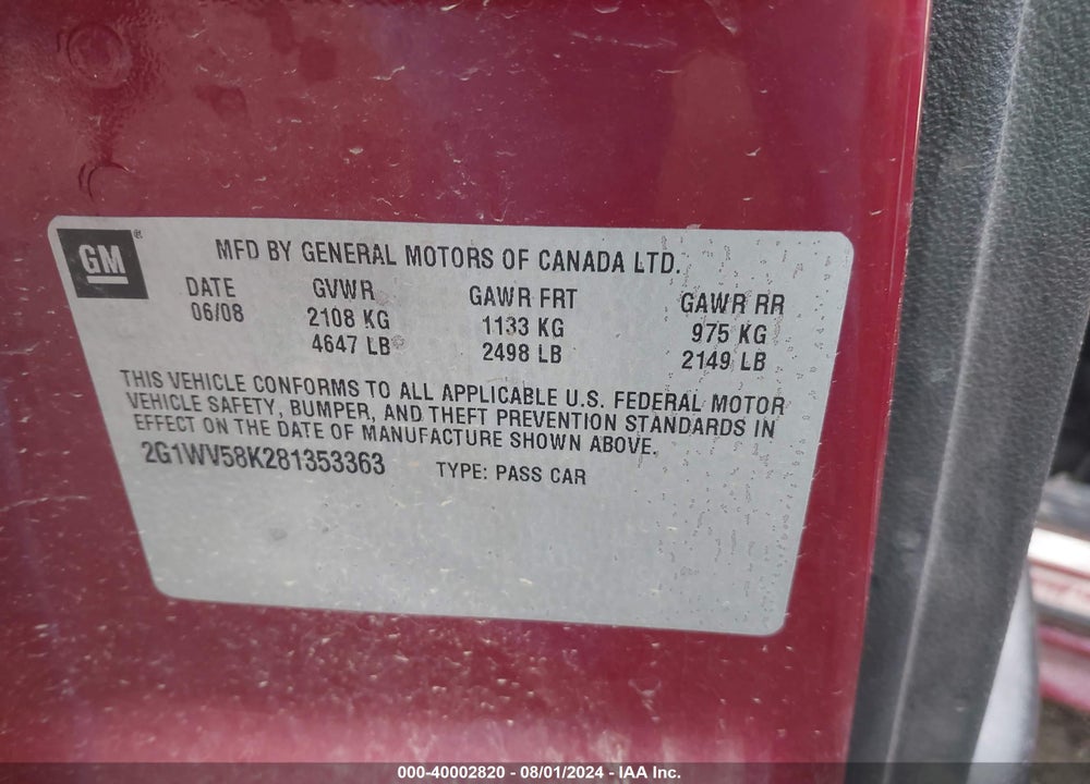 2008 CHEVROLET IMPALA LT VIN: 2G1WV58K281353363