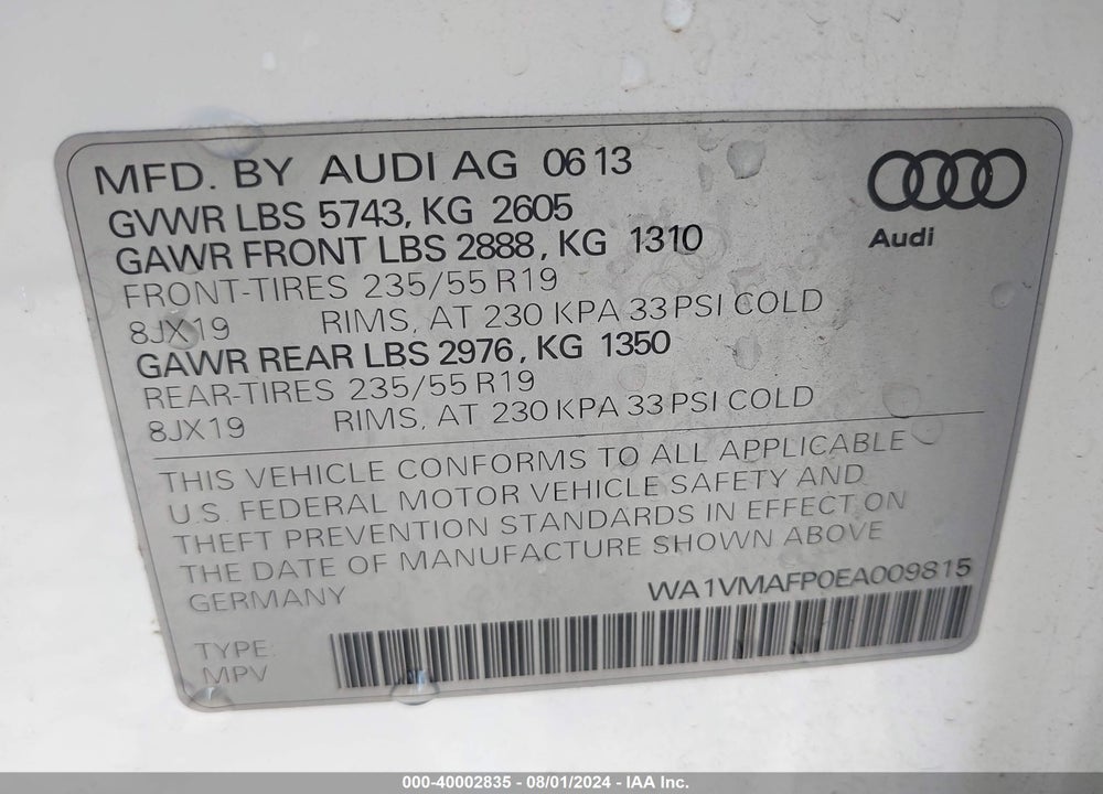 2014 AUDI Q5 3.0 TDI PREMIUM PLUS VIN: WA1VMAFP0EA009815