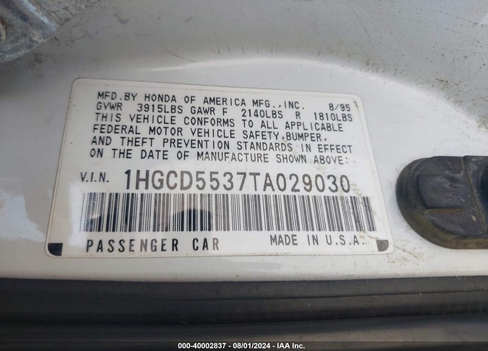 1996 HONDA ACCORD LX/EX VIN: 1HGCD5537TA029030