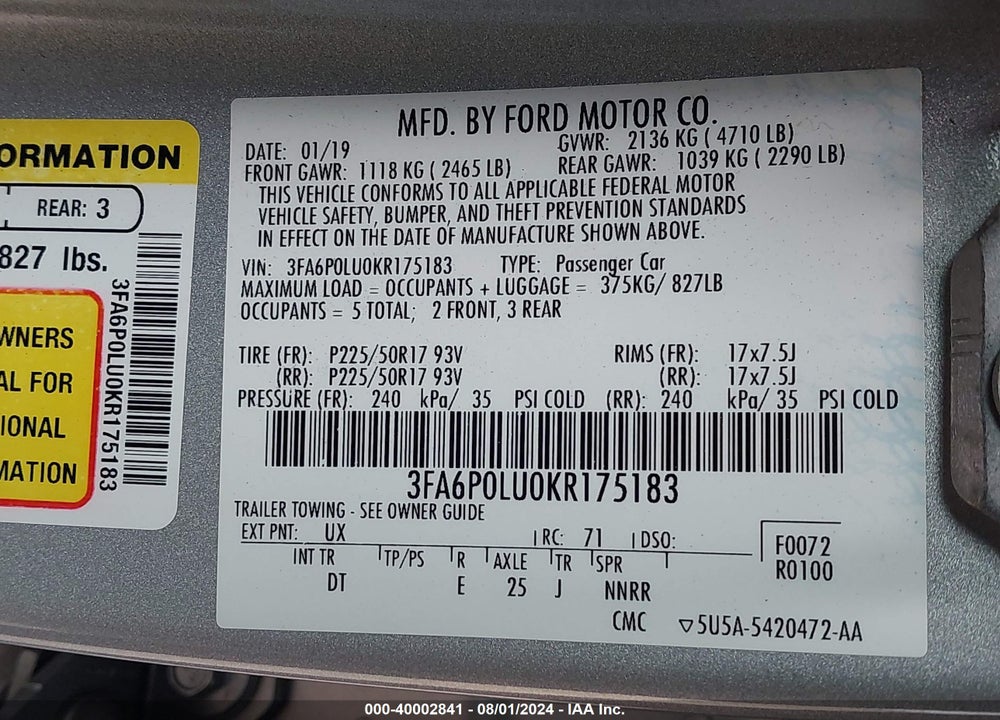 2019 FORD FUSION HYBRID SE VIN: 3FA6P0LU0KR175183