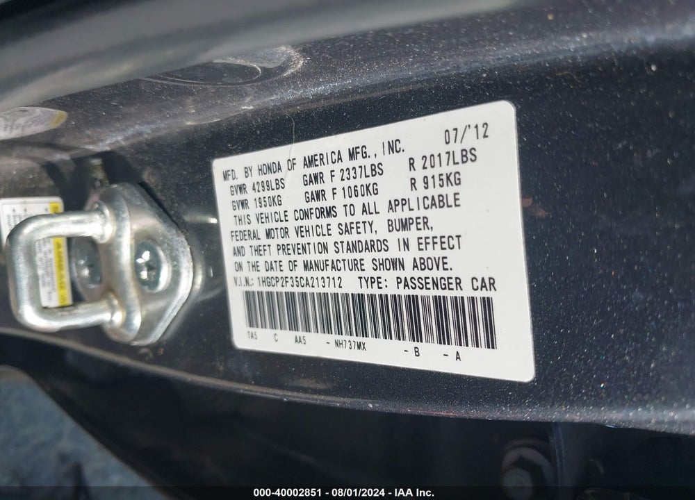 2012 HONDA ACCORD 2.4 LX VIN: 1HGCP2F35CA213712