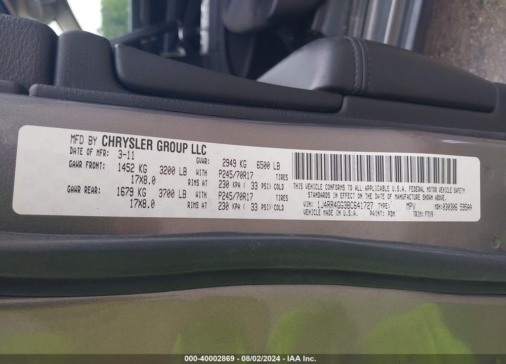2011 JEEP GRAND CHEROKEE LAREDO VIN: 1J4RR4GG3BC641727