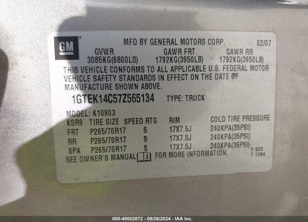 2007 GMC SIERRA 1500 WORK TRUCK VIN: 1GTEK14C57Z565134