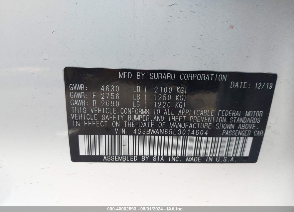 2020 SUBARU LEGACY LIMITED VIN: 4S3BWAN65L3014604