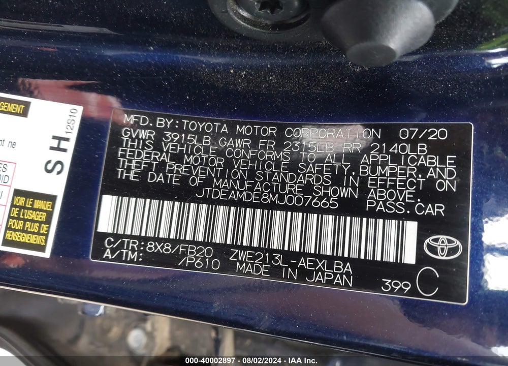 2021 TOYOTA COROLLA HYBRID LE VIN: JTDEAMDE8MJ007665