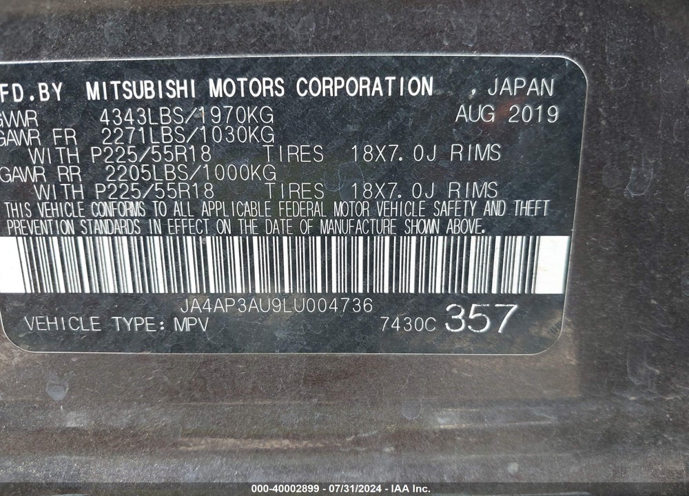 2020 MITSUBISHI OUTLANDER SPORT 2.0 ES VIN: JA4AP3AU9LU004736