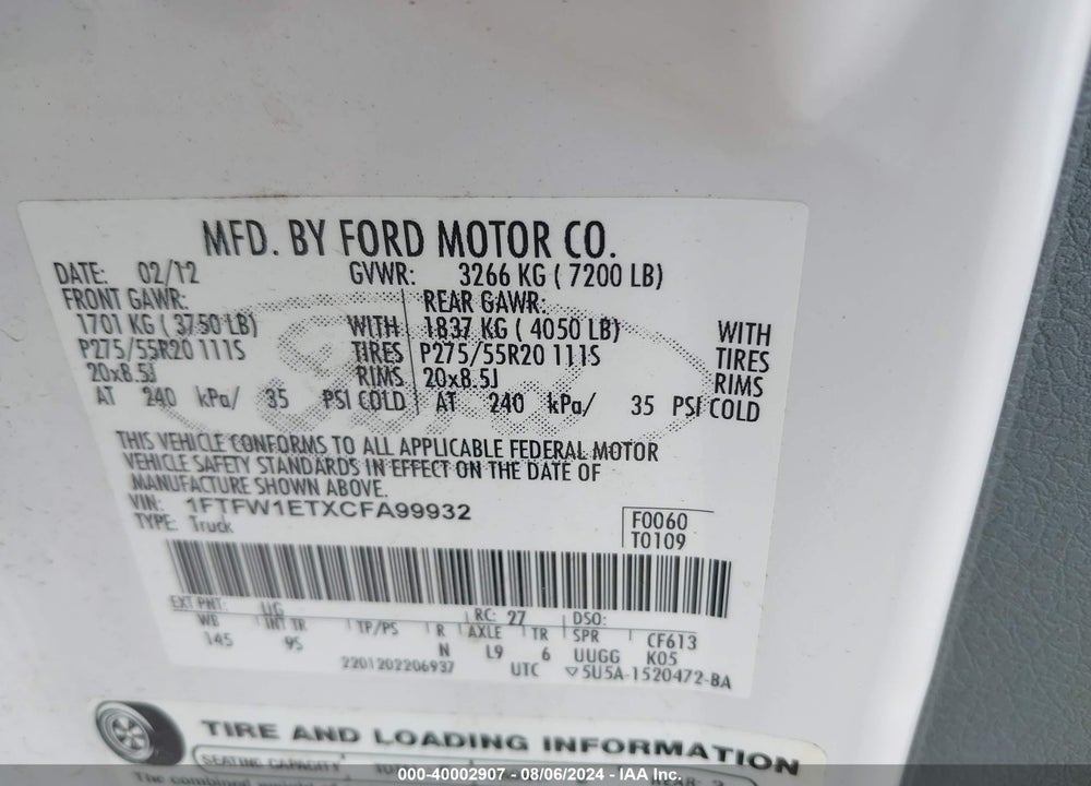 2012 FORD F-150 VIN: 1FTFW1ETXCFA99932