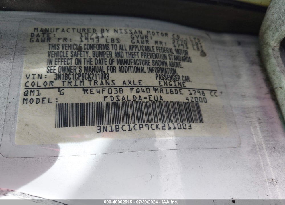 2012 NISSAN VERSA 1.8 S VIN: 3N1BC1CP9CK211003