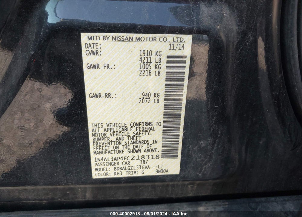2015 NISSAN ALTIMA 2.5 S VIN: 1N4AL3AP4FC218318