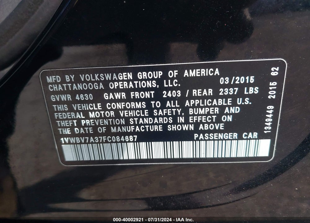 2015 VOLKSWAGEN PASSAT 2.0L TDI SE VIN: 1VWBV7A37FC084687