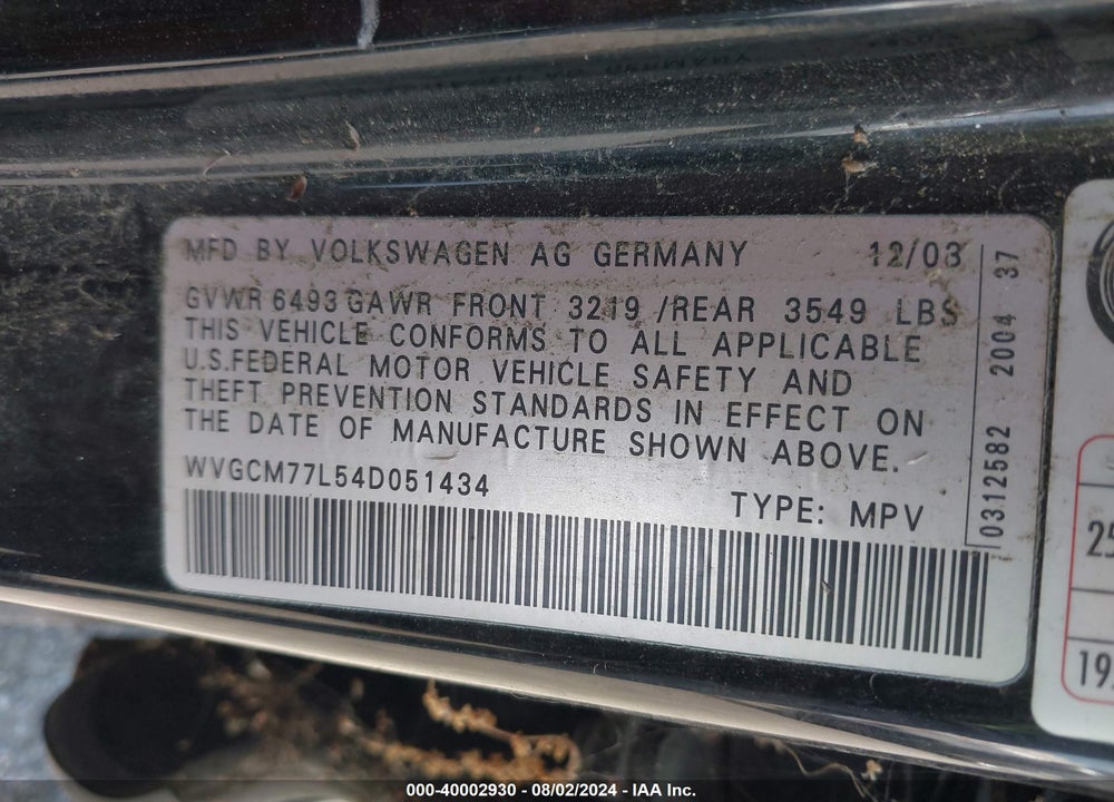 2004 VOLKSWAGEN TOUAREG V8 VIN: WVGCM77L54D051434