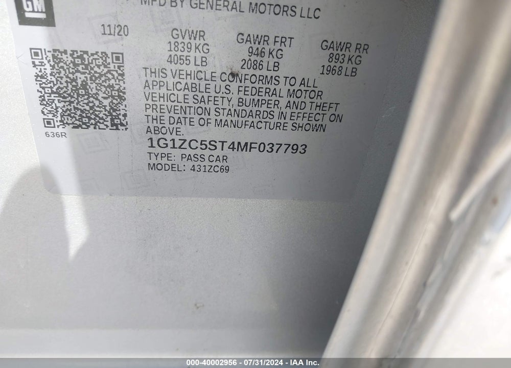 2021 CHEVROLET MALIBU FWD 1FL VIN: 1G1ZC5ST4MF037793