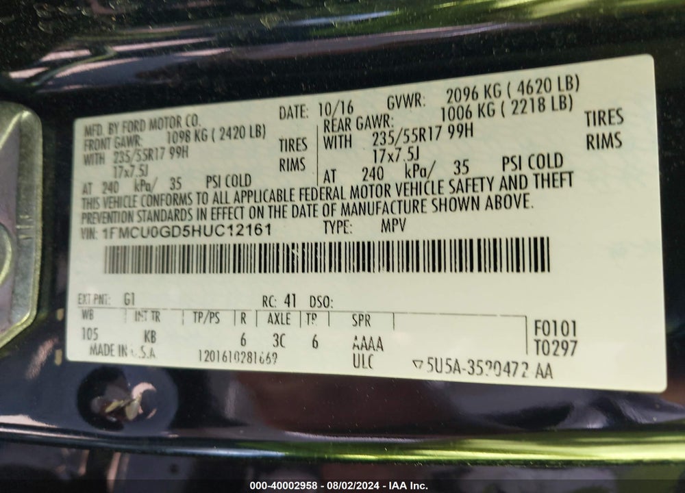 2017 FORD ESCAPE SE VIN: 1FMCU0GD5HUC12161