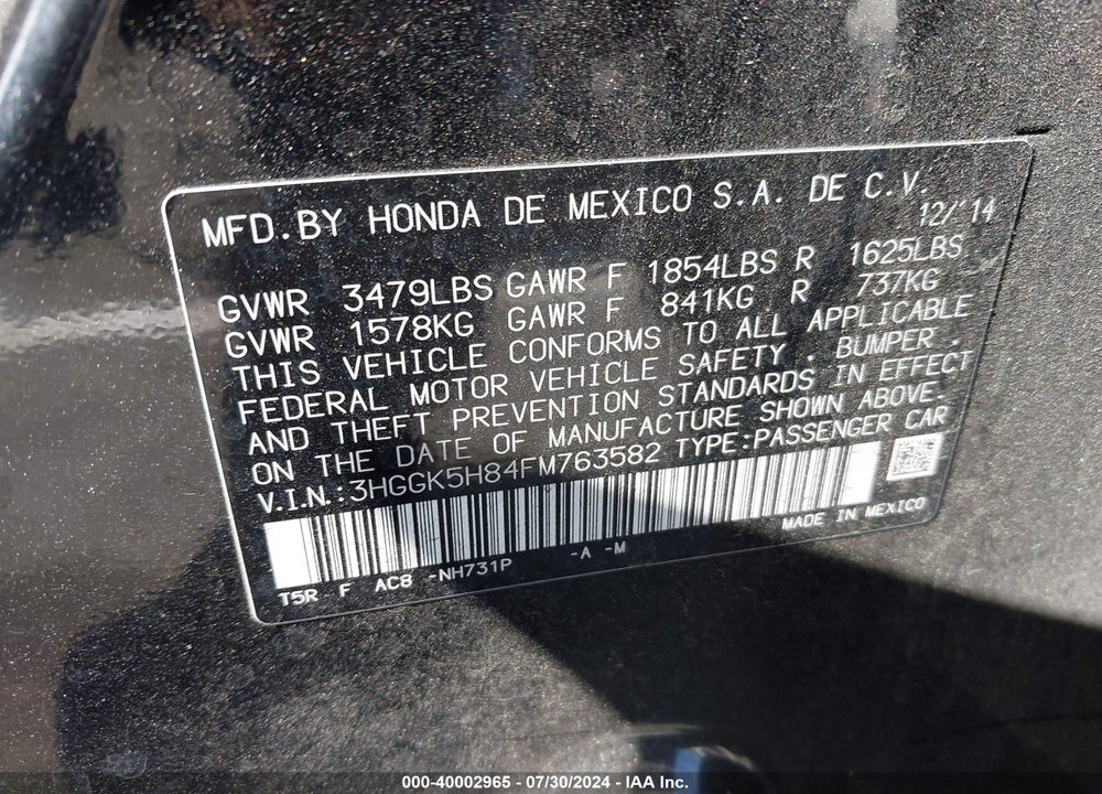 2015 HONDA FIT EX/EX-L VIN: 3HGGK5H84FM763582