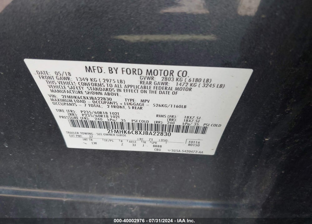 2018 FORD FLEX SEL VIN: 2FMHK6C8XJBA22830