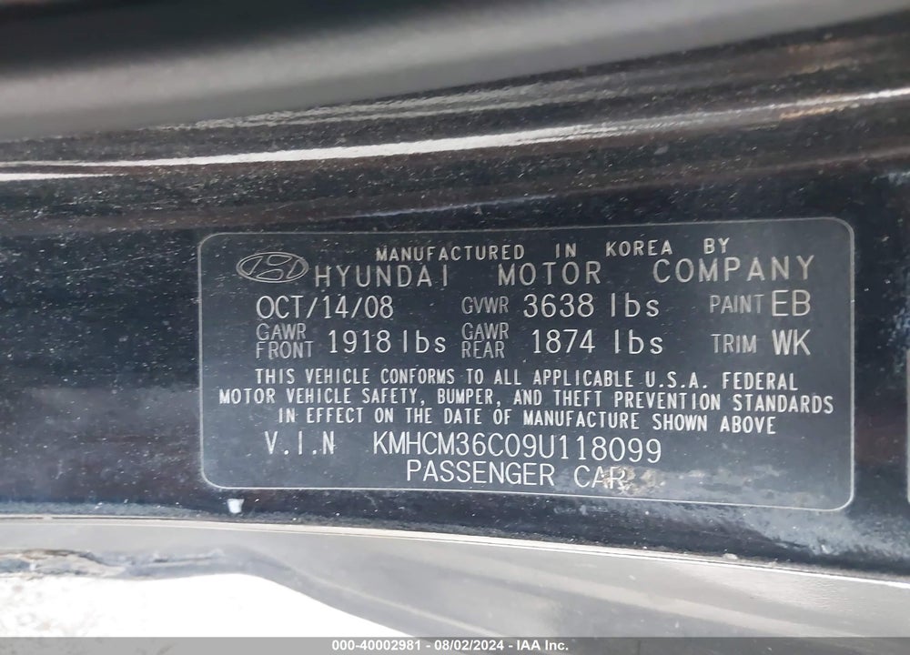 2009 HYUNDAI ACCENT GS VIN: KMHCM36C09U118099