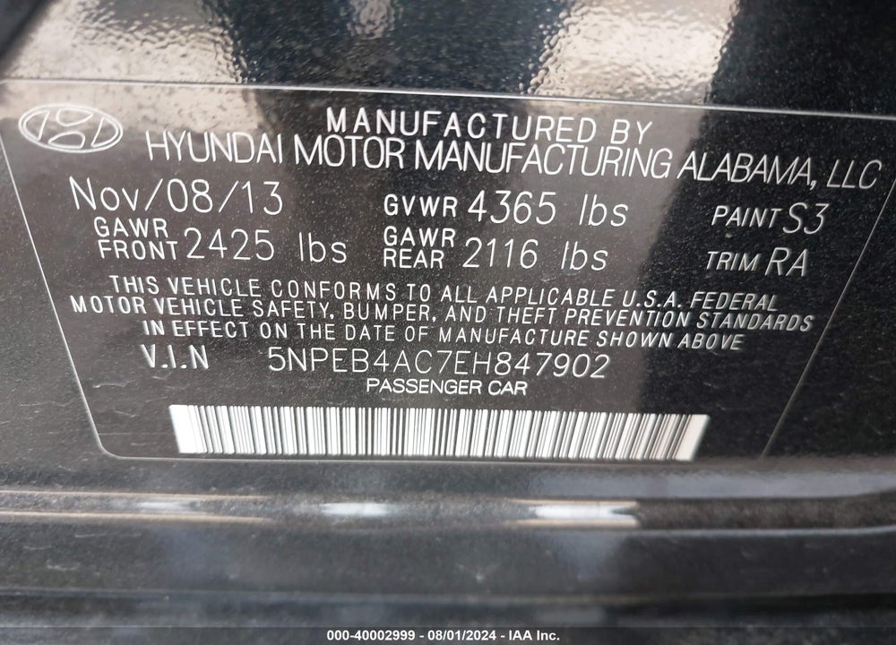 2014 HYUNDAI SONATA GLS VIN: 5NPEB4AC7EH847902