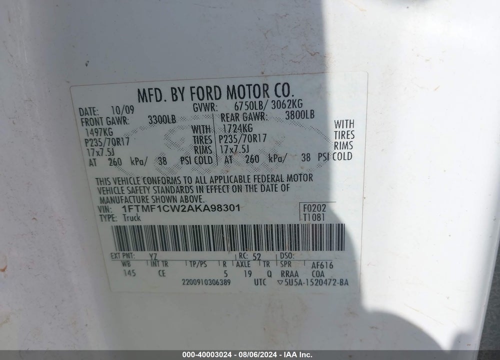 2010 FORD F-150 STX/XL/XLT VIN: 1FTMF1CW2AKA98301