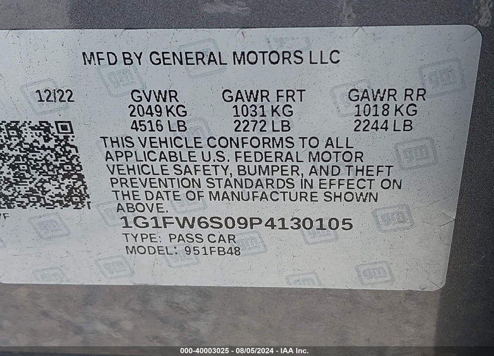 2023 CHEVROLET BOLT EV FWD 1LT VIN: 1G1FW6S09P4130105