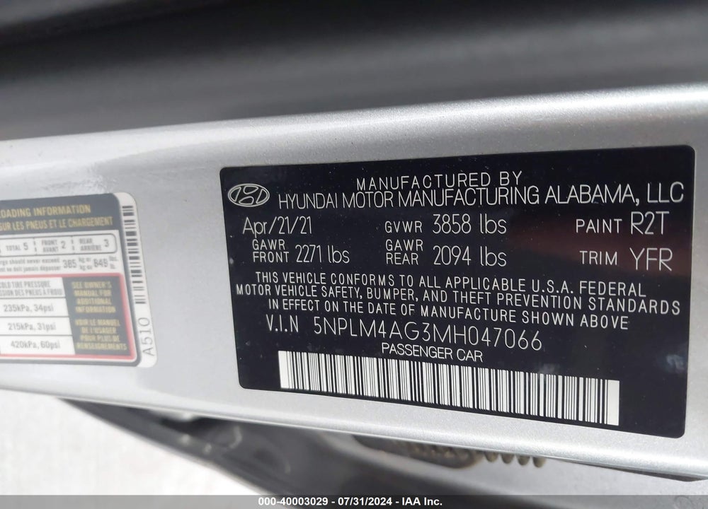 2021 HYUNDAI ELANTRA SEL VIN: 5NPLM4AG3MH047066