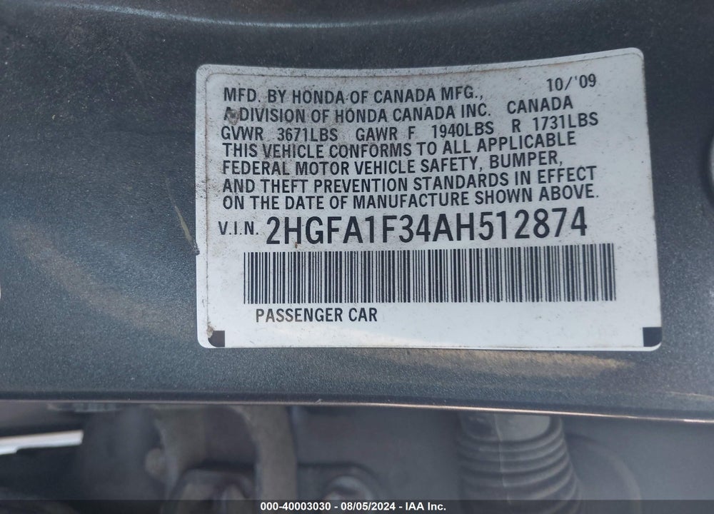 2010 HONDA CIVIC VP VIN: 2HGFA1F34AH512874