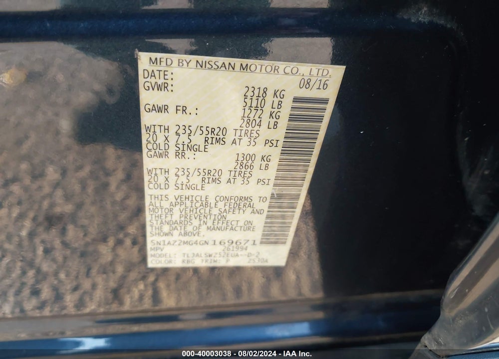 2016 NISSAN MURANO PLATINUM VIN: 5N1AZ2MG4GN169671